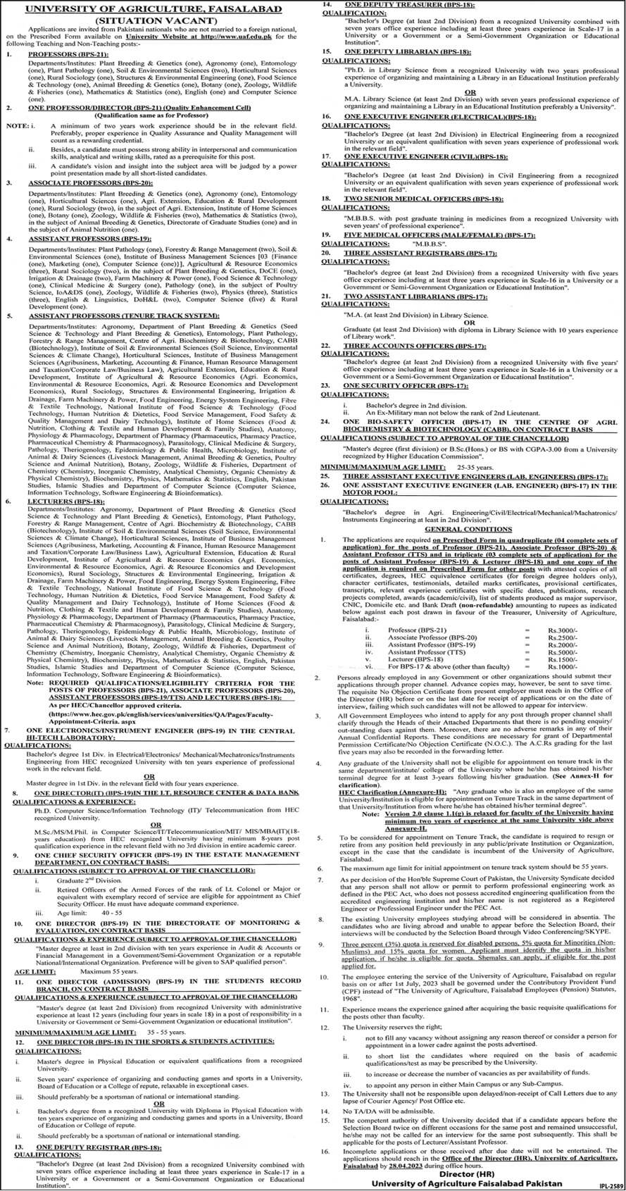 Official Advertisement for the University of Agriculture Faisalabad Jobs 2023